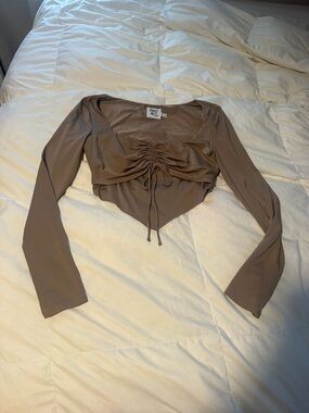 Princess Polly Brown Ruched Drawstring Long-Sleeve Crop Top